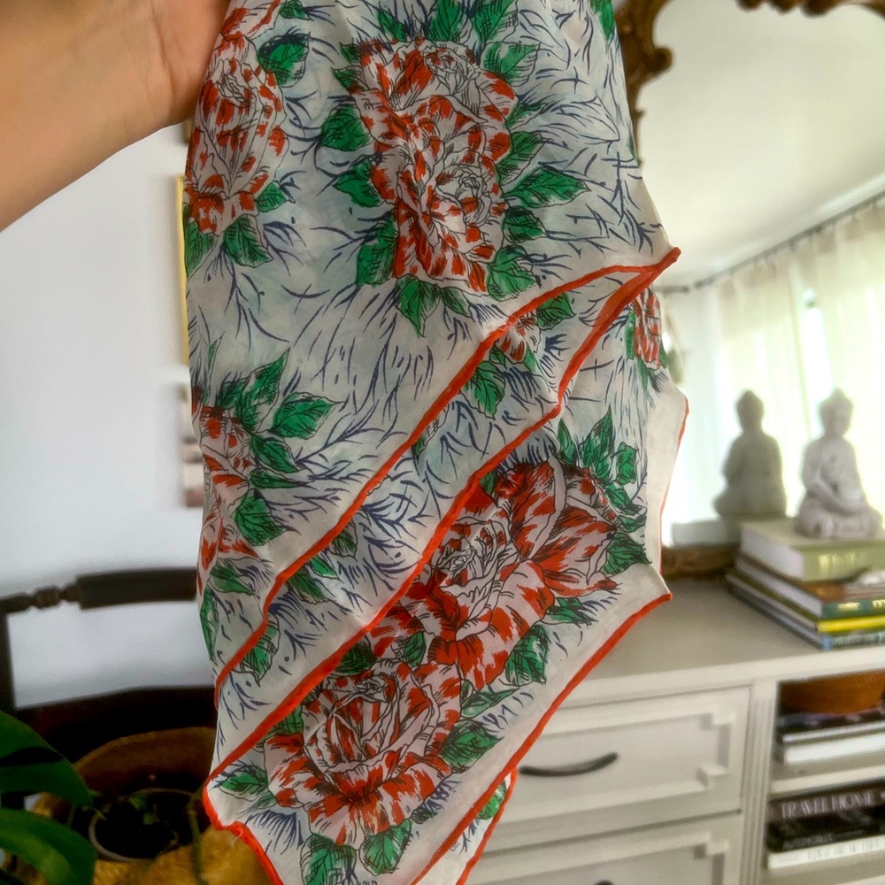 Vintage white, orange and green floral scarf